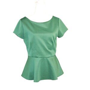 Bisou Bisou Women’s Medium Green Satin Look Flare Bottom Short Sleeve Blouse